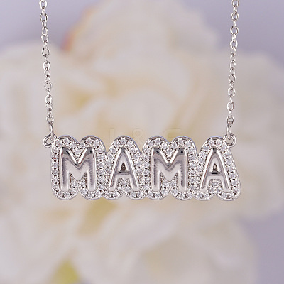 Mother's Day Brass Micro Pave Clear Cubic Zirconia Bubble Word MAMA Pendant Necklaces FS-WGCB7F4-04-1