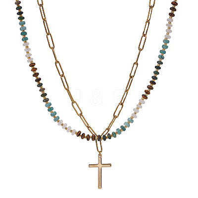 Stainless Steel Religion Cross Pendant Colorful Natural Mixed Gemstone Rondelle Beaded Double Layer Necklaces for Women KG2971-1