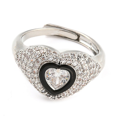 Enamel Heart Adjustable Ring with Clear Cubic Zirconia RJEW-Q781-01P-01-1