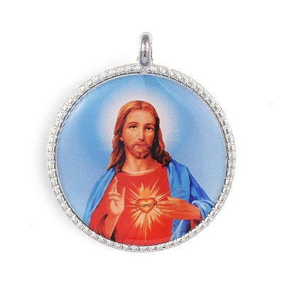 Jesus Pattern Flat Round Alloy Pendants PALLOY-F061-02P-1