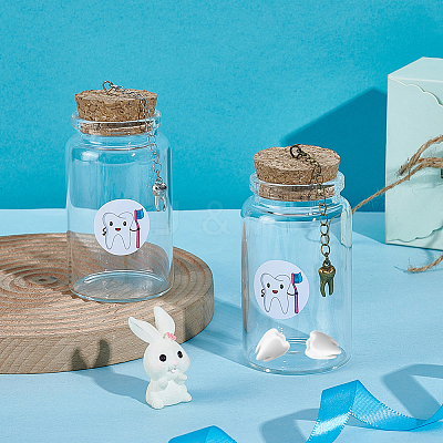 2Pcs 2 Colors Column Transparent Glass Baby Teeth Empty Cork Bottles with Alloy Tooth Tassel Charms and Tooth Picture Stickers AJEW-NB00017-1