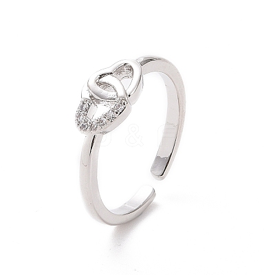Clear Cubic Zirconia Interlocking Heart Open Cuff Ring RJEW-H127-08P-1