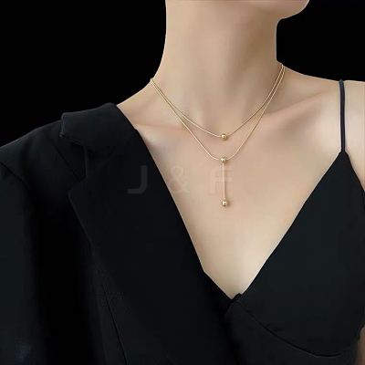 304 Stainless Steel Round Ball Double Layer Y Necklaces for Women FS-WG4AF00-02-1