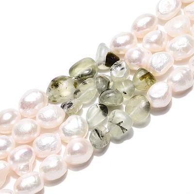 Natural Prehnite Nuggets & Natural Cultured Freshwater Pearl Beads Strands PEAR-N023-01A-10-1