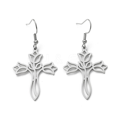 Tarnish Resistant 304 Stainless Steel Hollow Out Cross with Flower Dangle Earrings for Women EJEW-P222-02P-1