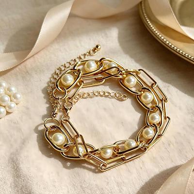 Vintage White Round Imitation Pearl Iron Chain 2-Strand Bracelets for Women HP8707-1