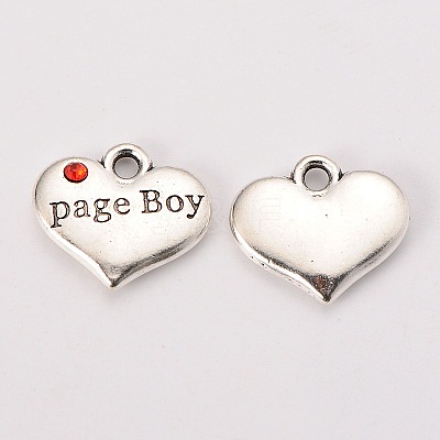 Wedding Theme Antique Silver Tone Tibetan Style Heart with Page Boy Rhinestone Charms X-TIBEP-N005-14C-1