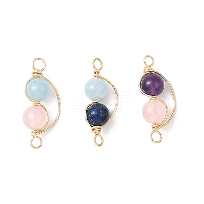 3Pcs 3 Styles Copper Wire Wrapped Natural Rose Quartz & Quartz & Lapis Lazuli & Amethyst Round Beded Links Connector Charms PALLOY-JF04678-1