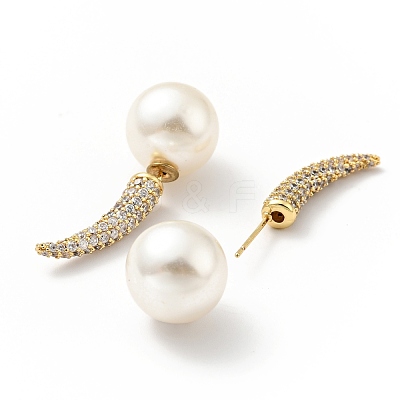 Clear Cubic Zirconia Horn with Acrylic Pearl Front Back Stud Earrings EJEW-G295-02A-G-1