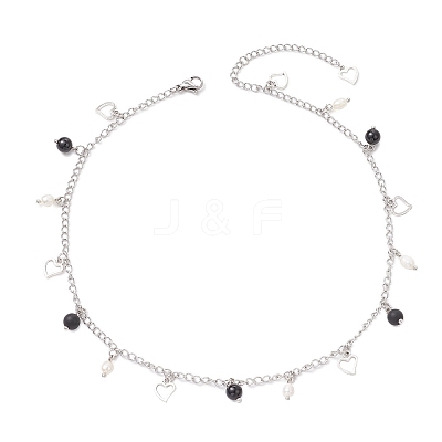 Natural Black Agate(Dyed & Heated) & Natural Pearl & 304 Stainless Steel Heart Tassel Curb Chain Necklaces NJEW-JN05342-1