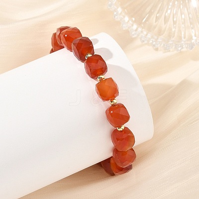 Faceted Cube Natural Carnelian and Brass Round Beaded Bracelets for Women BJEW-JB14444-1