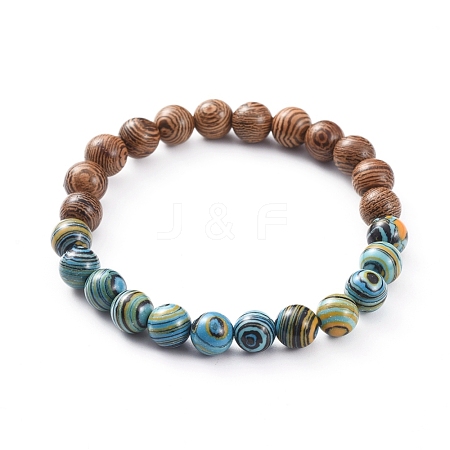  Jewelry Beads Findings Unisex Stretch Bracelets, with Synthetic Malachite Beads and Wood Beads, Round, DeepSkyBlue, 57mm