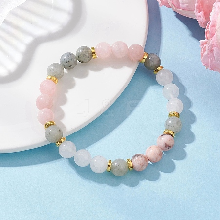 Natural Mashan Jade & White Jade & Labradorite & Pink Zebra Jasper & Alloy Beads Stretch Bracelets for Women BJEW-JB12831-1