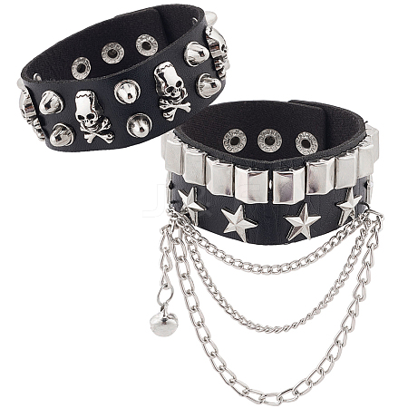 2Pcs 2 Styles Punk Style Imitation Leather Bangles BJEW-CL0001-04B-1