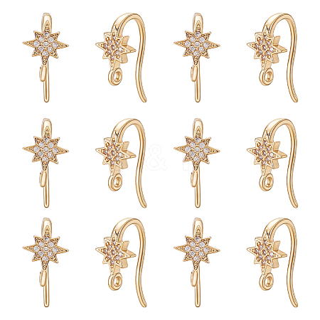 16Pcs Brass Micro Pave Clear Cubic Zirconia Star Earring Hooks KK-UN0005-98-1