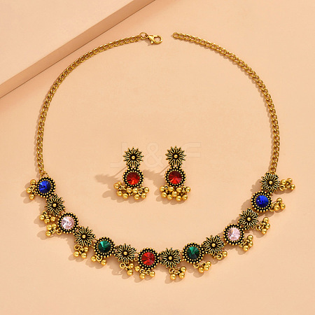 Flat Round & Flower Alloy Rhinestone Pendant Necklace & Stud Dangle Earring Sets FS-WG9BC55-01-1