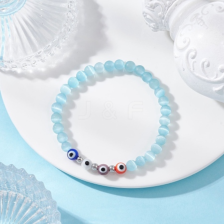 Cat Eye & Handmade Evil Eye Lampwork Round Beaded Stretch Bracelets for Women BJEW-JB12289-01-1