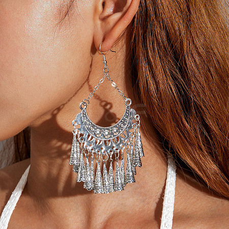 Bohemian Style Alloy & Iron Cone Tassel Chandelier Earrings FS-WGEBDA7-07-1