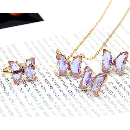 Butterfly Alloy Glass Pendant Necklaces & Stud Earrings & Rings Sets for Women WG31995-14-1