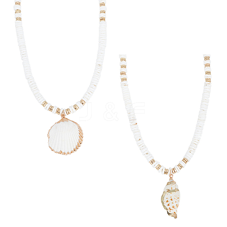 ANATTASOUL 2Pcs 2 Style Natural Shell Pendant Necklaces Set with Disc Beaded Chains for Women NJEW-AN0001-75-1