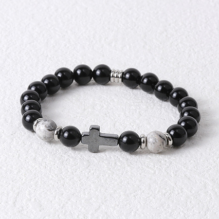 Round Natural Howlite & Black Onyx & Cross Synthetic Non-magnetic Hematite Stretch Beaded Bracelet for Men LK6258-2-1