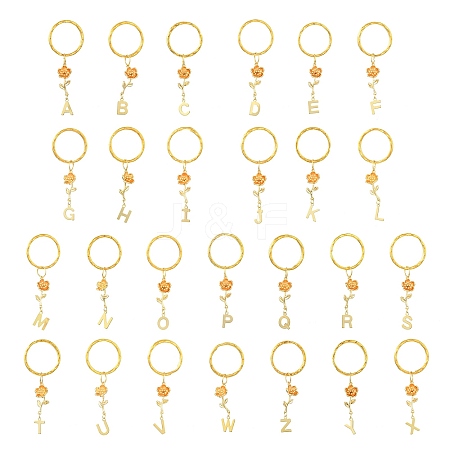 Brass Flower & 201 Stainless Steel Letter A~Z Pendant Keychain KEYC-JKC00801-1