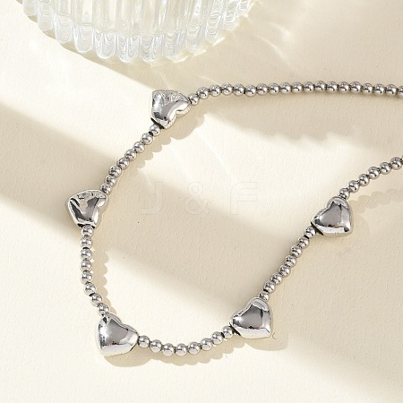 Brass Round Heart Beaded Necklaces NJEW-Z120-01P-1