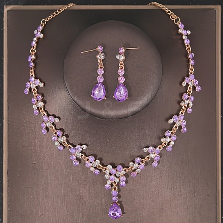 Teardrop Alloy Rhinestone Pendant Necklaces & Stud Dangle Earrings Sets FS-WGE9DA1-06-1