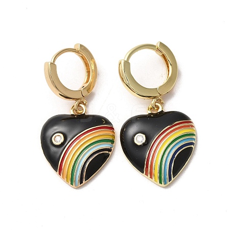 Heart with Rainbow Real 18K Gold Plated Brass Dangle Hoop Earrings EJEW-L268-042G-02-1