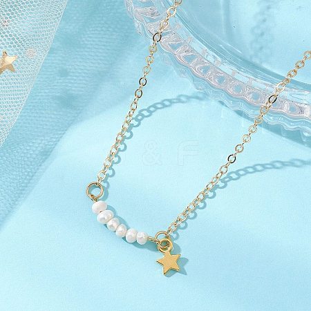Alloy Star & Natural Cultured Freshwater Pearl Potato Beaded Pendant Brass Cable Chain Necklaces for Women NJEW-JN05788-1