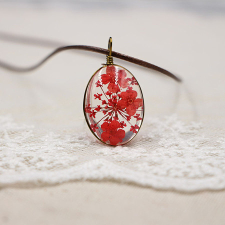 Alloy Wire Wrapped Oval Glass Inner Dried Flower Pendant Waxed Cord Necklaces for Women FS-WG6B63C-10-1