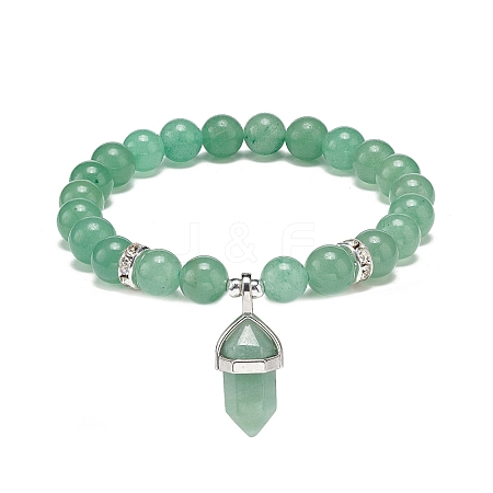 Natural Green Aventurine Round Beaded Stretch Bracelet with Bullet Charms BJEW-JB09018-02-1
