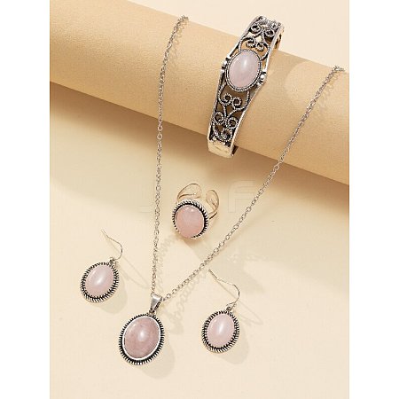 Oval Alloy with Natural Rose Quartz Pendant Necklaces & Dangle Earrings & Cuff Ring & Bangles Sets WG03D09-02-1