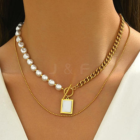 Stainless Steel & White Imitation Pearl Asymmetrical Double Layer Necklaces RG9925-1