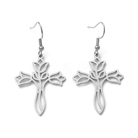 Tarnish Resistant 304 Stainless Steel Hollow Out Cross with Flower Dangle Earrings for Women EJEW-P222-02P-1