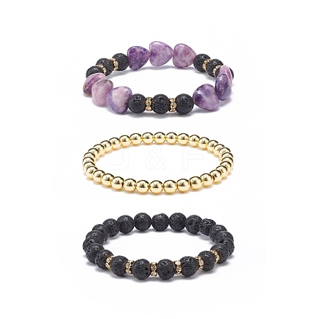 3Pcs 3 Style Heart Natural Purple Mica Stone & Lava Rock & Synthetic Hematite Beaded Stretch Bracelets Set BJEW-JB08736-1