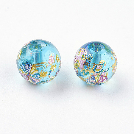 Flower Picture Printed Glass Beads GLAA-E399-8mm-D02-1