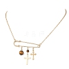 201 Stainless Steel Satety Pin with Round Natural Tiger Eye Pendant Brass Cable Chain Necklaces for Women NJEW-TA00214-2