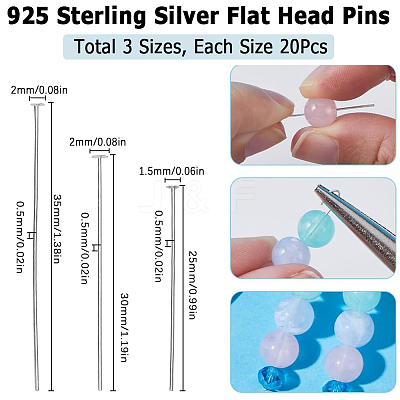60Pcs 3 Styles 925 Sterling Silver Flat Head Pins STER-SC0001-28-1