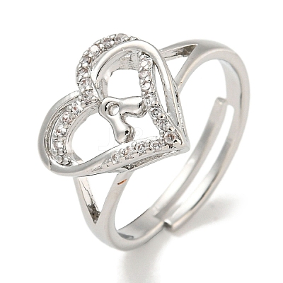 Heart with Letter Rack Plating Brass Micro Pave Clear Cubic Zirconia Adjustable Rings for Women RJEW-I105-01P-A-1