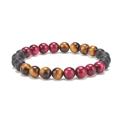 Natural Tiger Eye & Black Agate(Dyed & Heated) Round Beaded Stretch Bracelet BJEW-JB08086-03-1