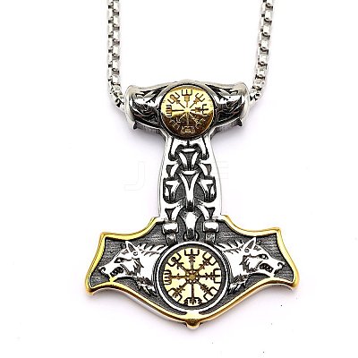 Two Tone 304 Stainless Steel Viking Double Wolf Head Hammer Pendant Box Chain Necklaces for Men WGEA97A-02-1