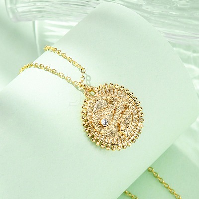 Brass Micro Pave Clear Cubic Zirconia Flat Round with Snake Pendant Necklaces NJEW-S438-02A-G-1