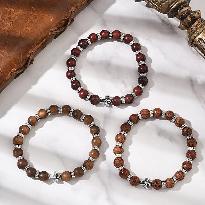 3Pcs 3 Colors Natural Wood Round Beadeed Stretch Bracelets Sets for Men Women BJEW-JB12355-1