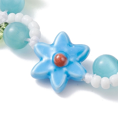 3Pcs Flower Handmade Porcelain and Cat Eye and Acrylic Beads Braided Bead Bracelets BJEW-TA00700-1