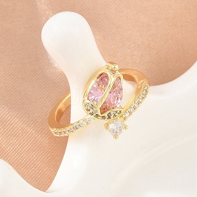 Flower Brass Micro Pave Cubic Zirconia Cuff Open Rings for Women CU-CBA0A21-06A-G-1