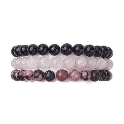 3Pcs 3 Styles Natural Mixed Gemstone Round Beaded Stretch Bracelets Set BJEW-JB10139-01-1