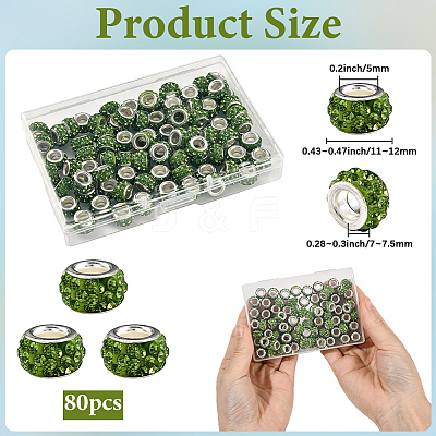 80Pcs Polymer Clay Rhinestone European Large Hole Beads with Silver Color Plated Brass Cores FPDL-LT0001-02B-1