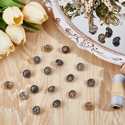 3 Colors 1-Hole Alloy Star with Flat Round Shank Buttons BUTT-GF0004-30B-1