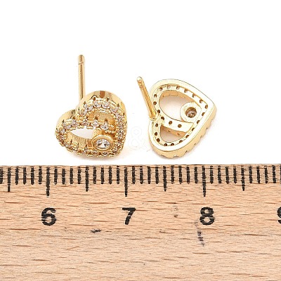 Brass Micro Pave Clear Cubic Zirconia Heart Stud Earrings EJEW-F400-28B-G-1
